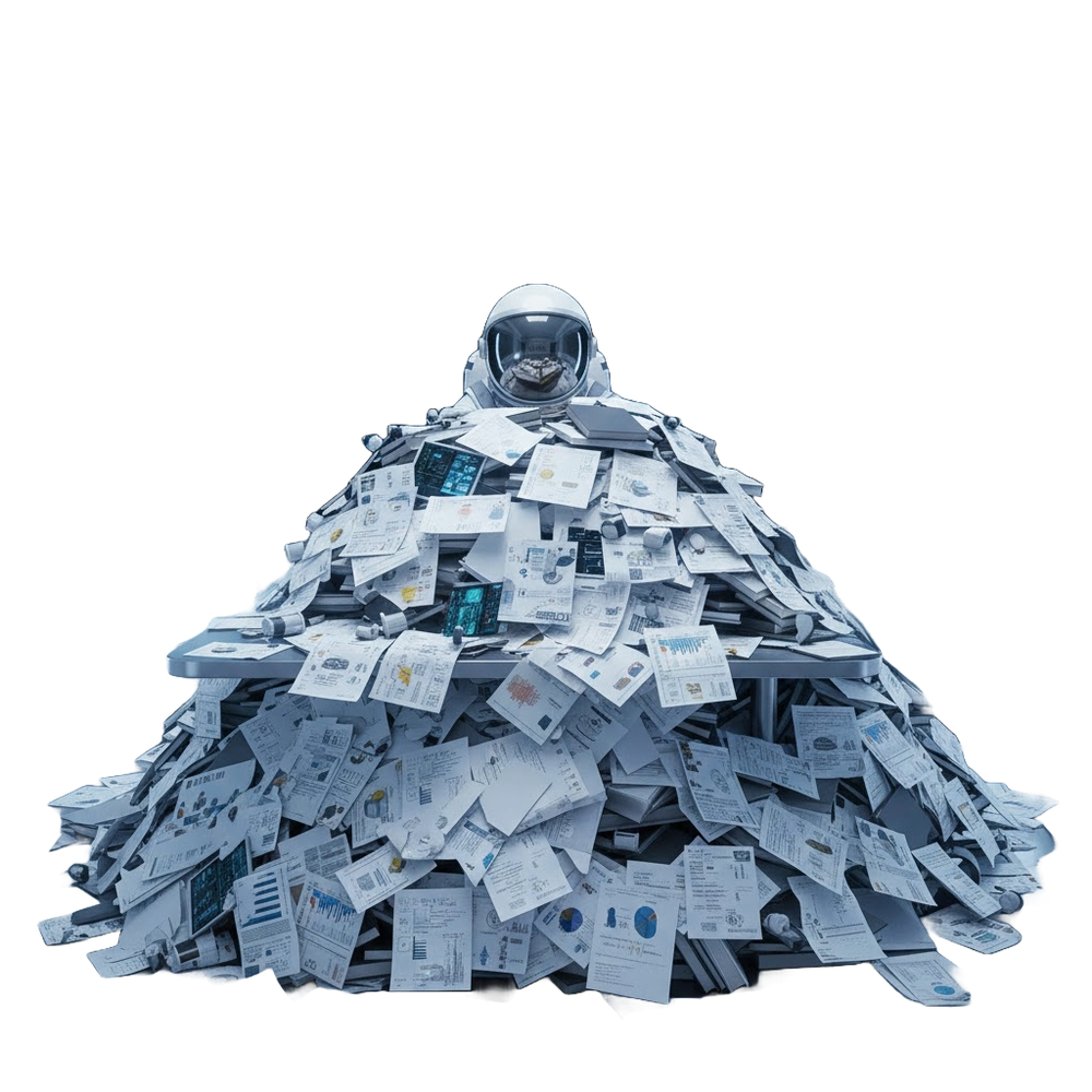Astronaut reviewing a stack of portfolio documents