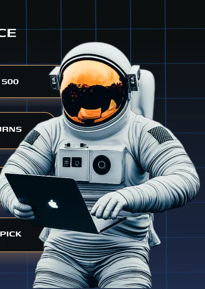 Astronaut working on a laptop with market statistics